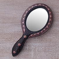 Wood batik hand mirror, 'Java Beauty'