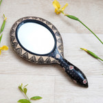 Wood batik hand mirror, 'Java Beauty' - Fair Trade Art Javanese Hand Mirror Floral Batik on Wood