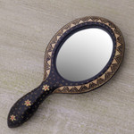 Wood batik hand mirror, 'Java Beauty' - Fair Trade Art Javanese Hand Mirror Floral Batik on Wood