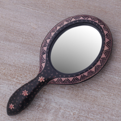 Wood batik hand mirror, 'Java Beauty' - Fair Trade Art Javanese Hand Mirror Floral Batik on Wood