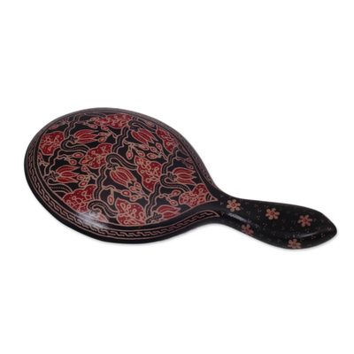 Espejo de mano batik de madera - Fair Trade Art Espejo de mano javanés Batik floral sobre madera