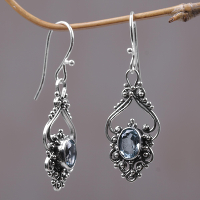 Blue topaz dangle earrings, 'Sigh' - Bali Artisan Jewelry Blue Topaz Sterling Silver Earrings