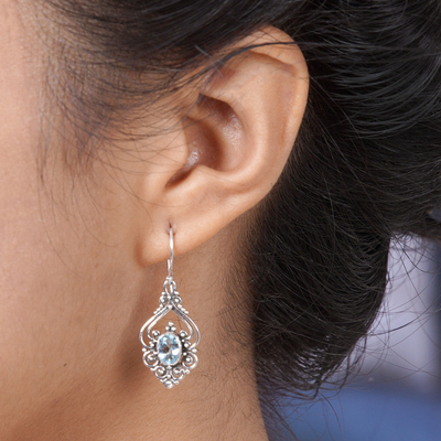 Blue topaz dangle earrings, 'Sigh' - Bali Artisan Jewellery Blue Topaz Sterling Silver Earrings