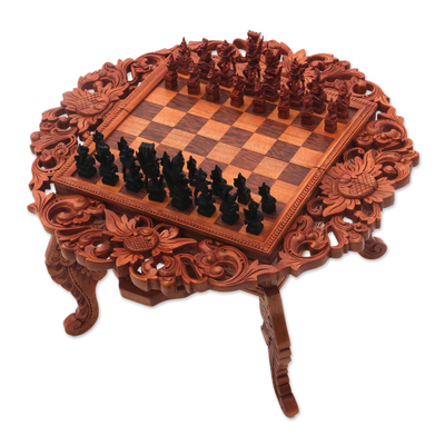 Wood chess set, 'Ramayana Garland' - Hand Carved Wood Chess Set