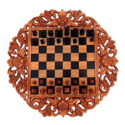Wood chess set, 'Ramayana Garland' - Hand Carved Wood Chess Set