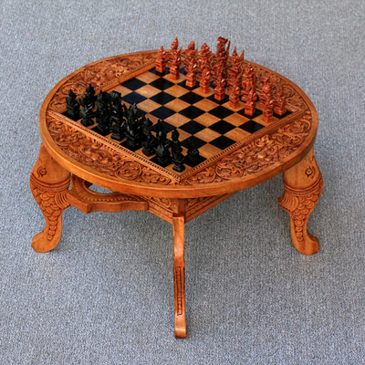 Wood chess set, 'Ramayana Flowers' - Wood chess set