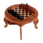 Wood chess set, 'Ramayana Flowers' - Wood chess set