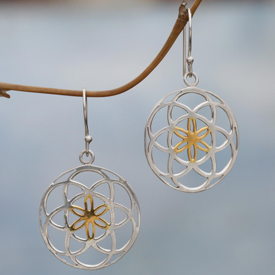 Gold accented sterling silver dangle earrings, 'Blooms of Life' - Indonesian Sterling Silver and Gold Plated Dangle Earrings