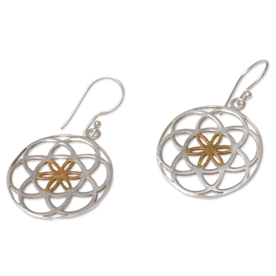 Gold accented sterling silver dangle earrings, 'Blooms of Life' - Indonesian Sterling Silver and Gold Plated Dangle Earrings