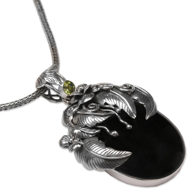 Onyx and peridot pendant necklace, 'Leaf Fairy' - Handcrafted Balinese Onyx and Peridot Pendant Necklace