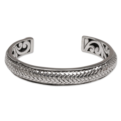 Sterling silver cuff bracelet, 'Bamboo Scales' - Handcrafted Modern Balinese Sterling Silver Cuff Bracelet