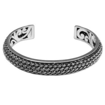 Sterling silver cuff bracelet, 'Woven Chains' - Hand Crafted Sterling Silver Cuff Bracelet from Indonesia