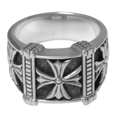 Men's sterling silver ring, 'Stallion Cross' - Indonesian Men's Sterling Silver Engraved Handmade Ring