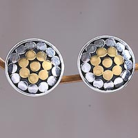 Gold accented sterling silver button earrings, 'Golden Caps' - Gold and Sterling Silver Circular Button Earrings Indonesia