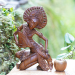 Wood statuette, 'Janger Dancer' - Indonesian Cultural Sculpture