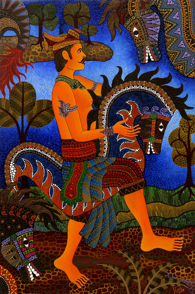 'Javanese Warrior' - Pintura acrílica única de un guerrero danzante de Indonesia