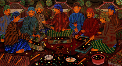 'Jamasan Pusaka' (2016) - Pintura de arte popular en acrílico cultural de personas de Indonesia