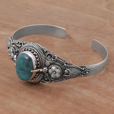 Turquoise cuff bracelet, 'Balinese Magic' - Natural Turquoise on 925 Sterling Silver Cuff Bracelet