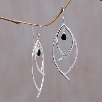 Onyx dangle earrings, 'Charming Eyes' - Onyx and Sterling Silver Dangle Earrings from Indonesia