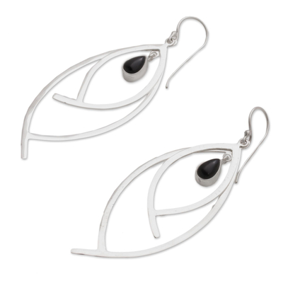 Onyx dangle earrings, 'Charming Eyes' - Onyx and Sterling Silver Dangle Earrings from Indonesia