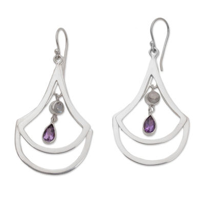 Amethyst and rainbow moonstone dangle earrings, 'Glory of Purple' - Amethyst and Rainbow Moonstone Dangle Earrings