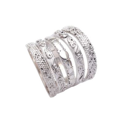Sterling silver band ring, 'Five Shadows' - Handmade Engraved Sterling Silver Band Ring from Indonesia