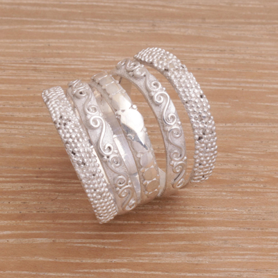 Sterling silver band ring, 'Five Shadows' - Handmade Engraved Sterling Silver Band Ring from Indonesia