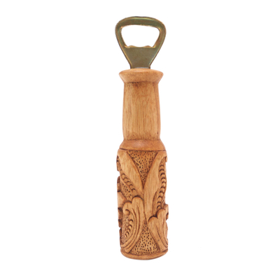 Wood bottle opener, 'Bottles Up' - Hand Carved Wood Bottle Opener with Leaf Motif from Bali