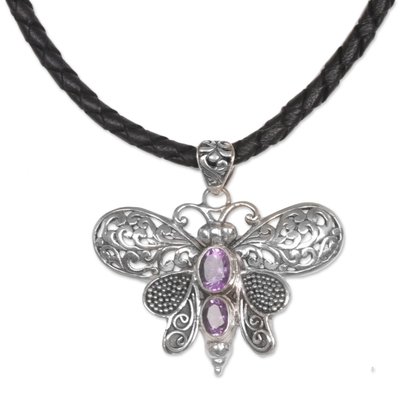 Amethyst pendant necklace, 'Purple Bali Moth' - Leather Butterfly Necklace with Sterling Silver and Amethyst