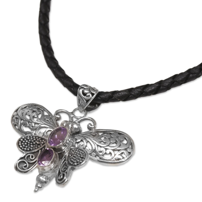 Collar colgante de amatista, 'Purple Bali Moth' - Collar de mariposa de cuero con plata de ley y amatista