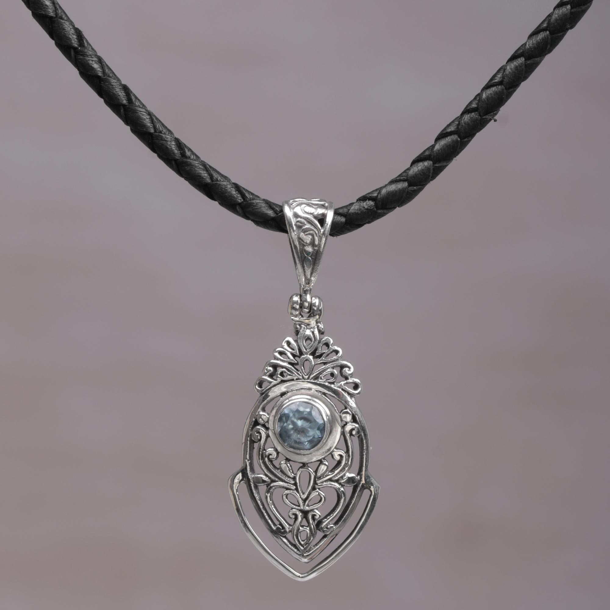 Bali Sterling Silver and Leather Necklace with Blue Topaz - Bali Amulet ...