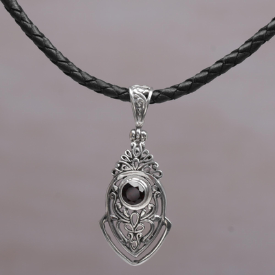 Garnet pendant necklace, 'Bali Amulet in Red' - Sterling Silver and Garnet Pendant Necklace from Indonesia