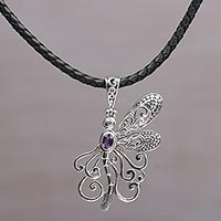 Amethyst pendant necklace, 'Bali Dragonfly' - Balinese Amethyst and Leather Dragonfly Pendant Necklace