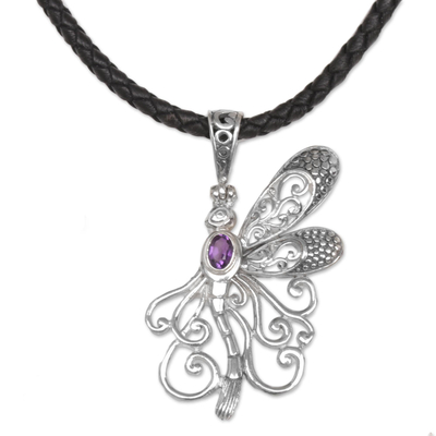 Amethyst pendant necklace, 'Bali Dragonfly' - Balinese Amethyst and Leather Dragonfly Pendant Necklace