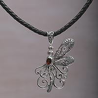 Garnet pendant necklace, 'Bali Dragonfly' - Garnet and Leather Dragonfly Pendant Necklace from Bali