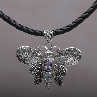 Amethyst and blue topaz pendant necklace, 'Bali Moth' - Amethyst and Blue Topaz Moth Pendant Necklace from Bali
