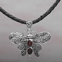 Garnet pendant necklace, 'Bali Moth in Red'