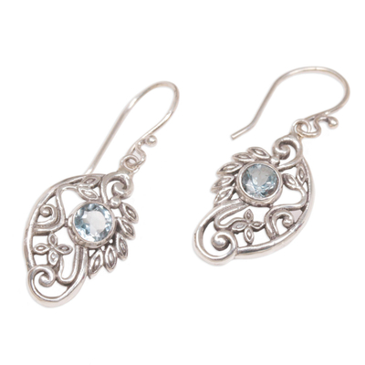 Blue topaz dangle earrings, 'Proud Swans' - Balinese Blue Topaz and Sterling Silver Swan Theme Earrings