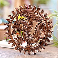 Wood relief panel, 'Aura of the Dragon' - Hand Made Circular Wood Relief Panel of a Balinese Dragon