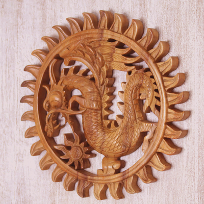 Wood relief panel, 'Aura of the Dragon' - Hand Made Circular Wood Relief Panel of a Balinese Dragon