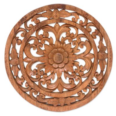 Wood relief panel, 'Temple Flower' - Hand Carved Balinese Circular Floral Wood Relief Panel