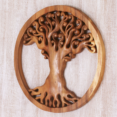Wood relief panel, 'Tangled Tree' - Hand Carved Wood Relief Panel of a Surreal Balinese Tree