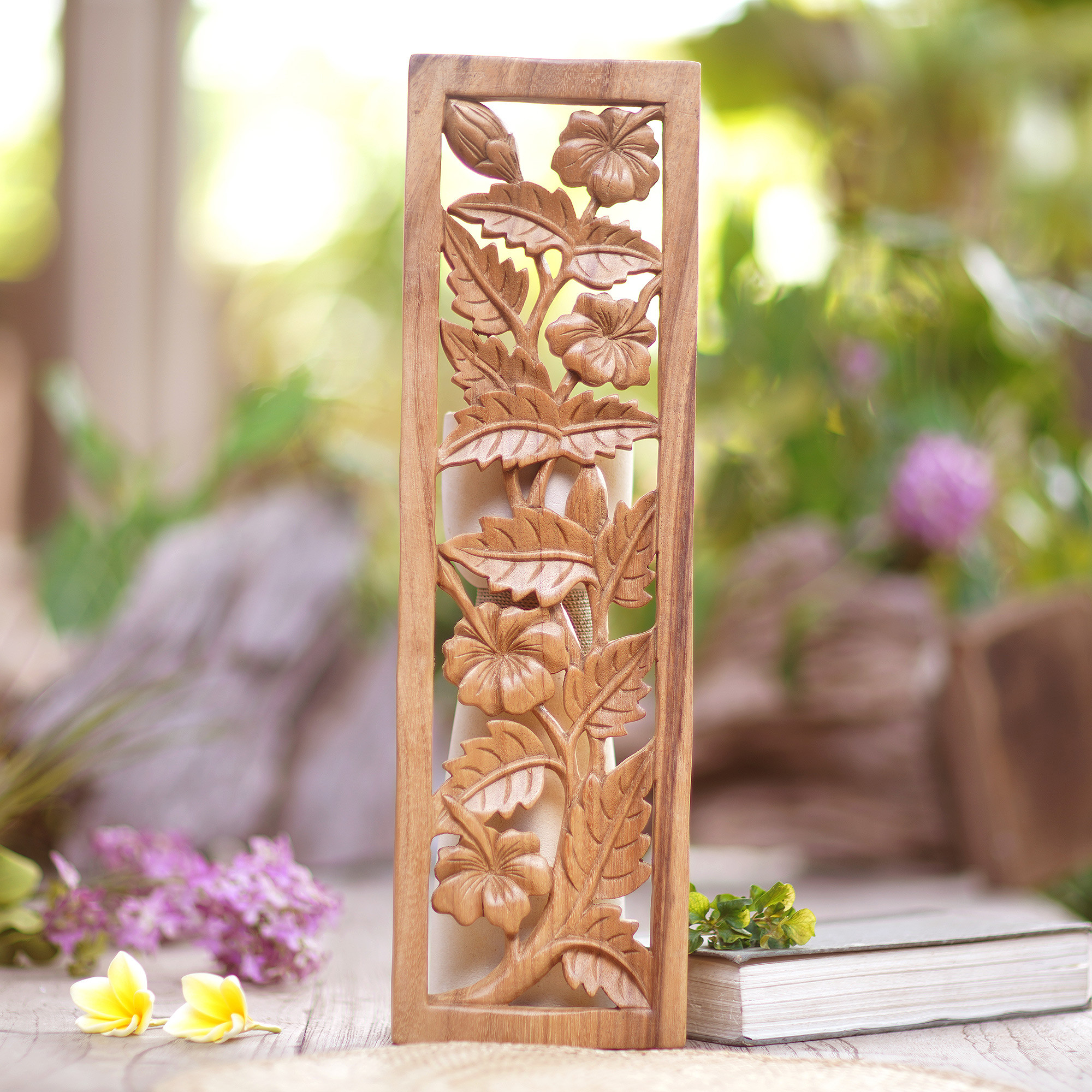 Hand Carved Balinese Hibiscus Floral Relief Panel - Shoe Flower