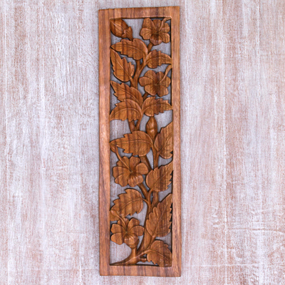 Wood relief panel, 'Shoe Flower Garden' - Hand Carved Balinese Hibiscus Floral Relief Panel