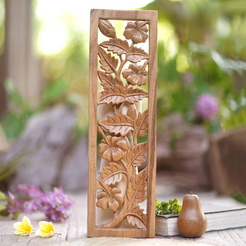 Hand Carved Balinese Hibiscus Floral Relief Panel - Shoe Flower