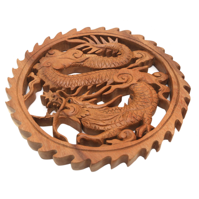 Wood relief panel, 'Aura of Antaboga' - Hand Carved Wood Relief Panel of a Dragon from Indonesia