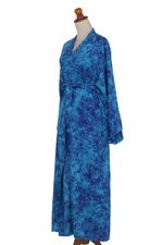 Rayon batik robe, 'Misty Ocean' - Long Handcrafted Batik and Tie Dyed Rayon Robe from Bali