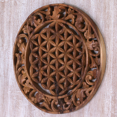 Wood relief panel, 'Circle of Leaves' - Hand Carved Circular Suar Wood Relief Panel from Bali