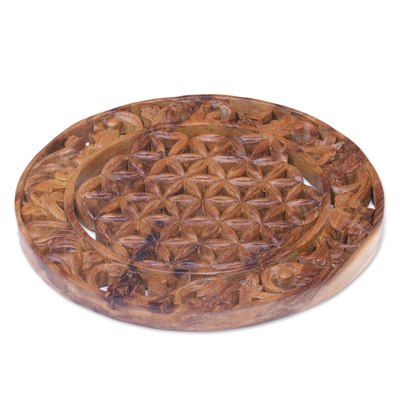 Wood relief panel, 'Circle of Leaves' - Hand Carved Circular Suar Wood Relief Panel from Bali