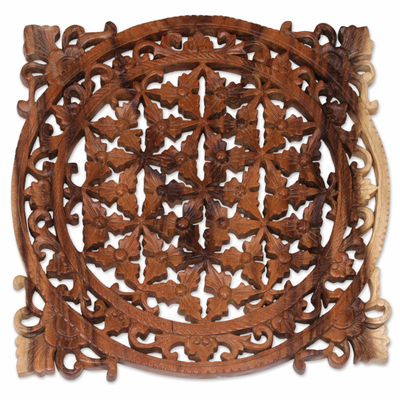 Wood wall relief, 'Balinese Floral Vines' - Hand Carved Floral Wood Wall Relief Panel from Bali